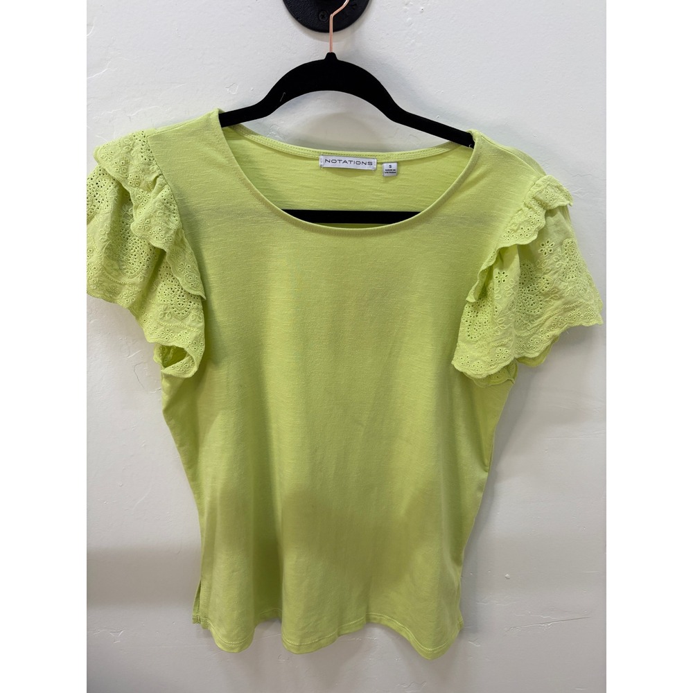 Notations Lime Green Ruffle Eyelet Sleeve Slub Knit Top Small PCU3385